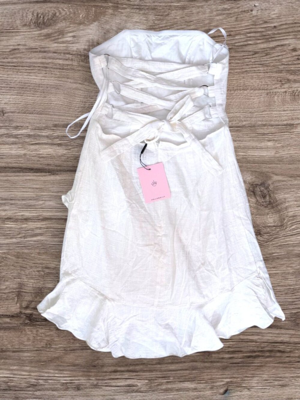 NWT Hello Molly White Strapless Lace Up Back Ruffle Hem Mini Dress US 8